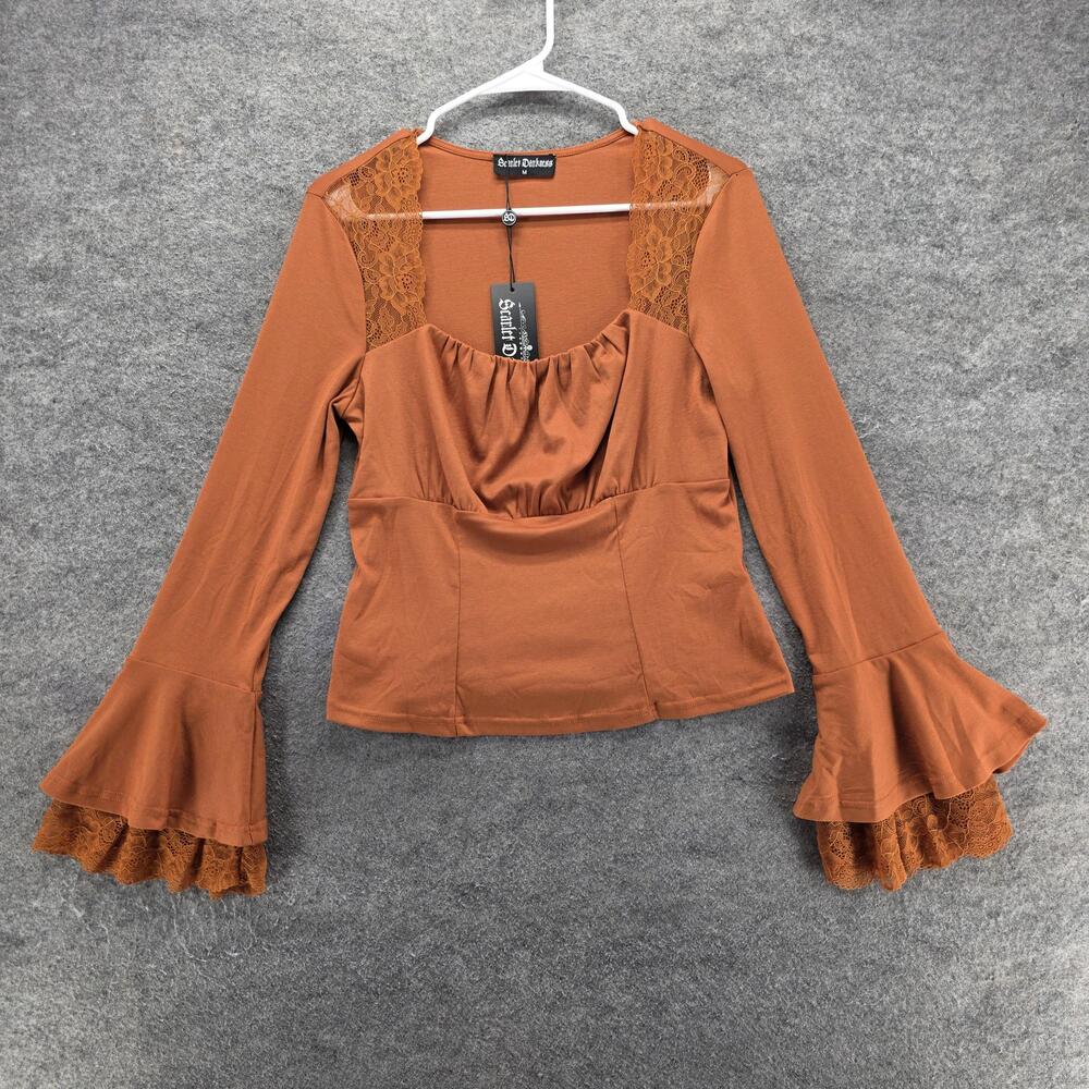 Scarlet Darkness Blouse Womens M Orange Jersey Bell Sleeve Ruffle Slim